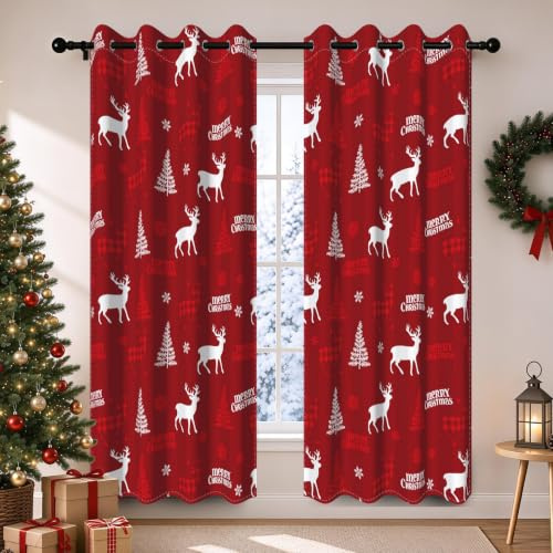 YONGFOTO Vorhänge Weihnachten Blickdicht mit Ösen Rot Rentier | Weihnachtsgardinen Weihnachtsbaum Wintermotiv Nordisch Winterliche Festtagsdekoration für Wohnzimmer 2 Paneele 117 x 138 cm