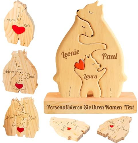 Personalisierte Geschenk-Holzkunstpuzzle der Bärenfamilie,Holz Bär Skulpturen mit 2-7 Namen Graviert,Desktop Ornament Home Tischdekoration,Geschenke für Familie Muttertag Vatertag (Stil-1)