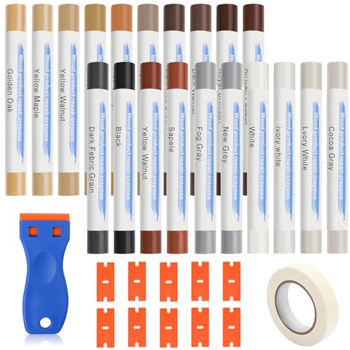 20 Farben Laminat Reparaturset mit Schaber, Laminat Reparaturset | Parkett Reparaturset mit Malerkrepp, Holzreparatur Set Holzwachs für Arbeitsplatte Fliesen Möbel