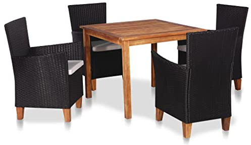 Yunovire 5-TLG. Garten-Essgruppe Poly Rattan Schwarz, Braun, Akazienholz, 85x85cm Tisch, wetterfest, für Terrasse, Balkon, Garten, Essbereich