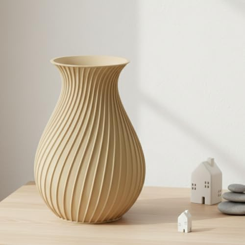 FynDesign LYSA Vase groß 24cm Beige – Blumenvase 3D-Druck Pampasgras | Große moderne Vase für Pampasgras & hohe Sträuße – 3D-Druck, bruchsicher, nachhaltig, matt – Blickfang für Esstisch & Flur