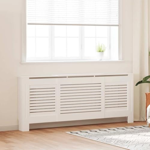 Hoopleep Adjustable MDF Radiator Cover White, Extendable 142-205 cm Wide, Modern Slatted Design, Durable Living Room Furniture Shelf for Books & Decor