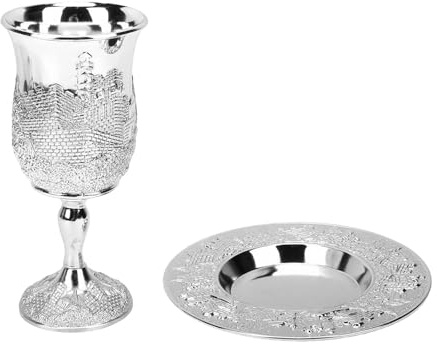 Brrnoo Juego de Copas Kiddush, Cáliz y Plato Religiosos para Vino, Elaborados Artesanalmente en Aleación de Zinc con Diseño Vintage para Bodas, Fiestas y Ceremonias familiares. (Color plateado)