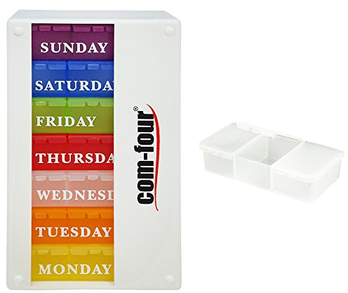com-four® Medikamentendosierer 7 Tage Englisch, 3 Fächer | Wochendose für morgens, mittags und abends, Tablettenbox für Reise, Alltag und Urlaub, englische Beschriftung