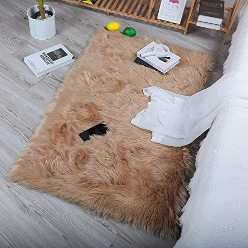 YIHAIC Peau de Mouton synthétique,Cozy Sensation comme véritable Laine Tapis en Fourrure synthétique, Man-Made Luxe Laine Tapis de Canapé Coussin (60x90cm, Marron)