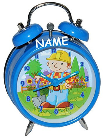 alles-meine.de GmbH Wecker Bob der Baumeister incl. Name - für Kinder Metall Wecker Analog - Alarm Kinderwecker Metallwecker - Baustelle Jungen Baufahrzeuge blau