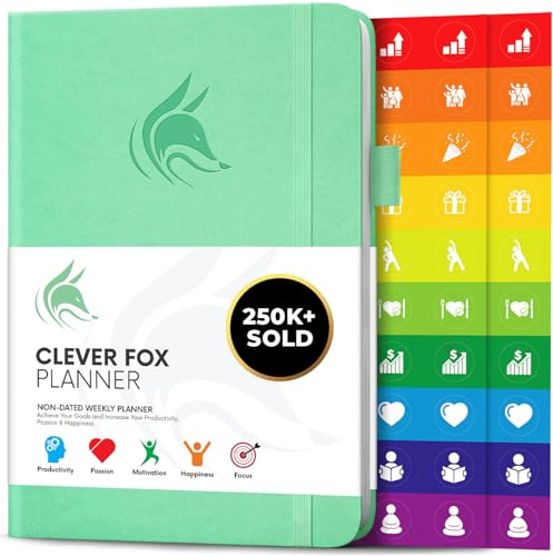 Clever Fox Weekly Planner Undated, Monthly & Daily Notebook, Mint Green | Goal & time management journal, to-do list, daily habit tracker, stickers, 120gsm paper, for women, men & teens