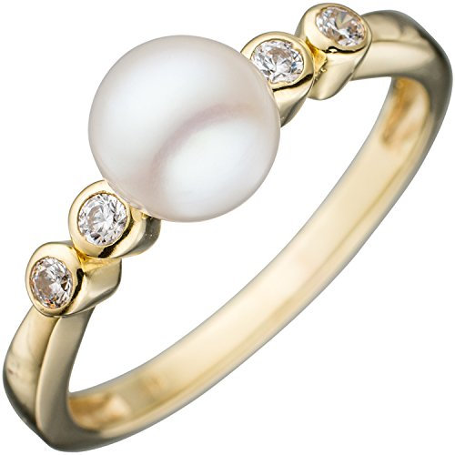 Jobo Damen-Ring aus 333 Gold mit Perle und 4 Zirkonia Größe 54