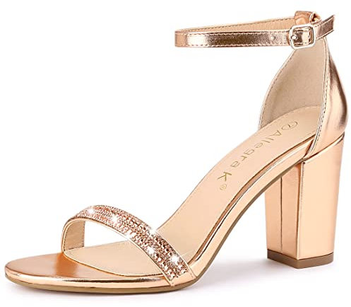 Allegra K Sandales à talons épais avec sangle de cheville et strass pour femme, rose gold, 37 EU