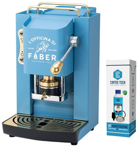 emozioni quotidiane Faber Pro Deluxe - Cafetera con acabado de latón con cápsulas de papel Ese 44 mm + kit de mantenimiento descalcificante + 20 cápsulas de café de regalo (azul)