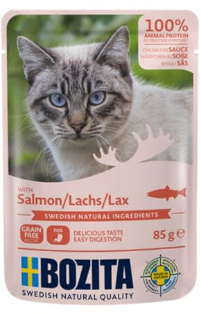 Bozita Pouch Nassfutter Häppchen in Sauce mit Lachs - 12x85g Portionsbeutel getreidefreies & weizenfreies Futter für Katzen - Katzennassfutter für erwachsene Katzen mit 8,5% Protein & 4,5% Fettgehalt