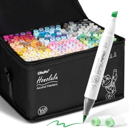 Ohuhu 168 Colour Brush Colouring Markers Set, Dual Tip, Brush & Chisel Sketch Marker for Artist, Students, Brush Markers for Sketching, Colouring, Calligraphy, Drawing and Illustration Markers