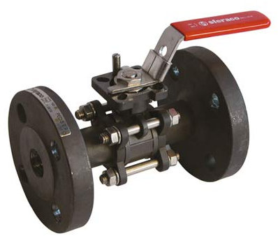 Syveco 710050 Serie 710 Kugelhahn, Flansch 3 Stück PN40 Stahl, ISO-Platte, Roter flacher Edelstahlgriff, M50 PN40