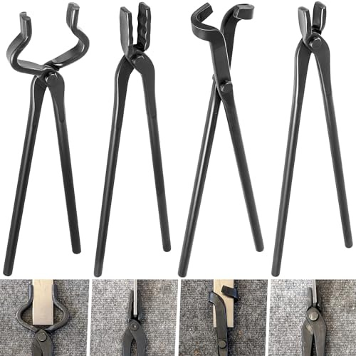 Blacksmith Tongs Knife Making Tongs Set Flat Tongs, Wolf Jaw Tongs, Blade Tongs & V-Bit Tongs Assembled Bladesmith Steel Forge Tongs Anvil Blacksmithing Tongs (4 Tongs)