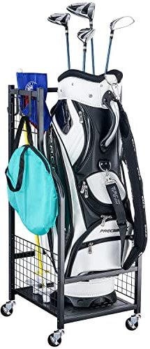 Mythinglogic Golf Storage Rack, Golf Bag Stand with Wheels, Golf Club Organisers with Movable Hanging Hooks, Golf Rack for Garage, Shed, Basement