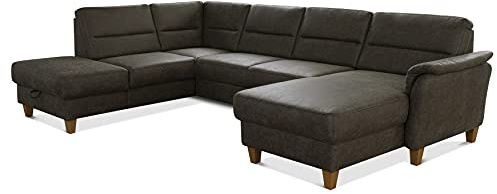 CAVADORE U-Form-Sofa Palera / Federkern-Wohnlandschaft im Landhausstil / 314 x 89 x 212 / Mikrofaser in Lederoptik, Oliv
