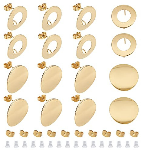 UNICRAFTALE 20pcs 2 Estilos Dorados Planos / Huecos Redondos 304 Fornituras de Pendiente de Acero Inoxidable con Tuercas de Silicona Fornituras de Acero Inoxidable con Pendiente de Aro con Placa Plana