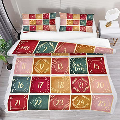 3-teiliges Kinder-Bettbezug-Set, goldfarben, Retro-Design, mit Adventskalender-Muster, weiches Bettwäsche-Set für Teenager, Damen, Herren, leichter Bettdeckenbezug, mit 2 Kissenbezügen, Reißverschluss