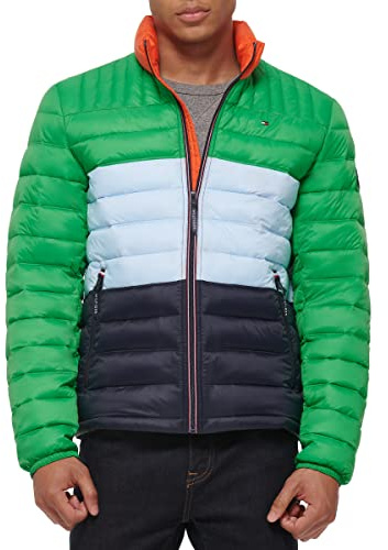 Tommy Hilfiger Men's Lightweight Down Alternative Packable Puffer Jacket Coat, Apres Ski Colorblock, M