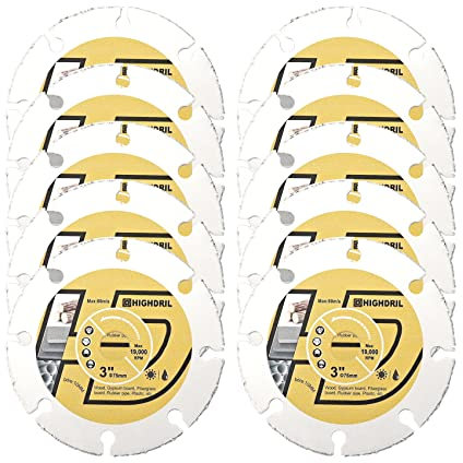 HIGHDRIL 10 Stück 75mm Kreissägeblatt – Hartmetall-Holz-Trennscheibe mit Dorn 10 mm für Holz, Gipskarton, Fiberglas, Gummirohr, Kunststoff, Zementrückstände