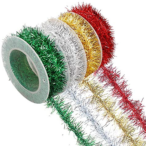 Yafe Christmas Tinsel Garland, 4 Rolls Gold, Red, Green, Silver Tinsel Ribbon for Xmas Tree, Wedding, Birthday, Party Decorations