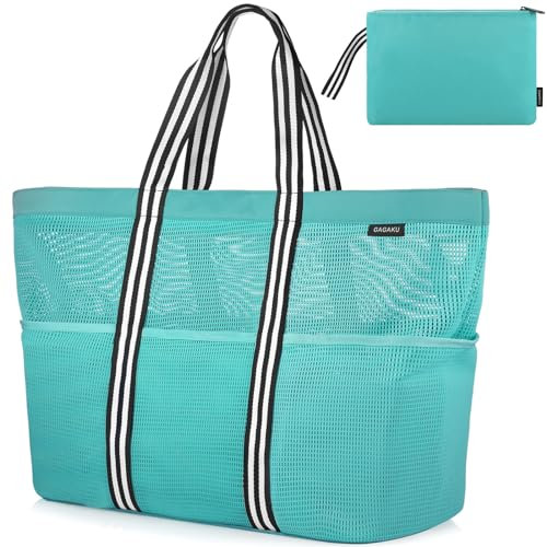 GAGAKU Strandtasche mit Reißverschluss XXXL Familie Badetasche Extra Große Netztasche für Damen, Beach Bag Mesh Tasche für Strand Reisen Shopping - Grün