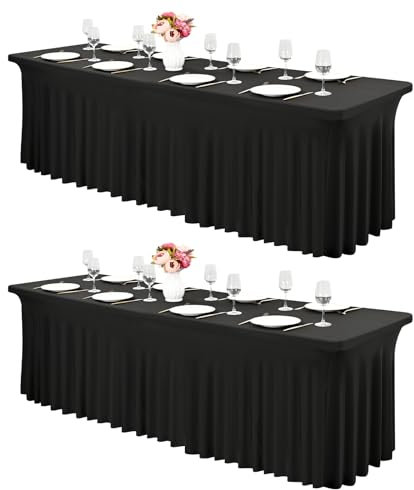 2 Stück Spandex Tischröcke,244 x 76cm Schwarz Stretch Tischdecke mit Rock Waschbare Tischrock für 8Ft Rechteck Tische, Einziehbare Tischabdeckung für Hochzeiten Bankette Messen