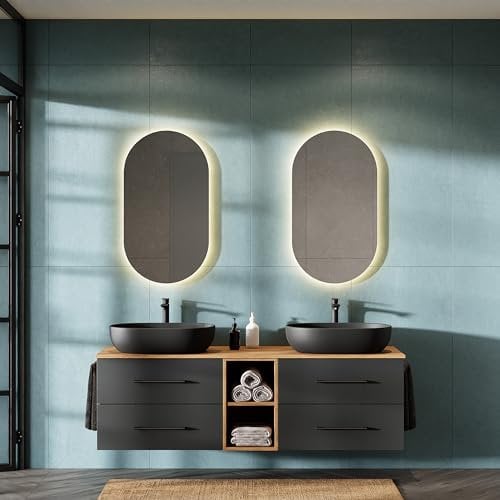 Planetmöbel LUX - Set di mobili da bagno con mobiletto, 170 cm, sospeso, con 2 lavabi da 60 cm, colore nero, mobiletto per lavabo dorato/antracite