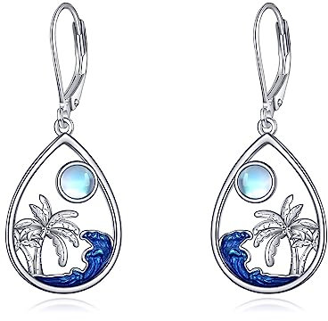 YFN Palm Tree Earrings Sterling Silver Ocean Wave Dangle Drop Earrings Moonstone Beach Jewellery Gifts for Women Girls