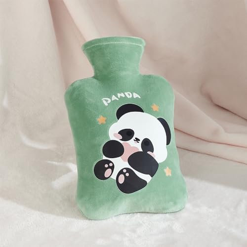 Bouillotte Eau Chaude Dessin Panda Pelluche 500 ML Bouillotte avec Housse en Peluche Douce, Bouillotte PVC Bouteille d'eau Chaude pour Soulagement de Douleur, Dos, Cou, regles douloureuses (Vert)