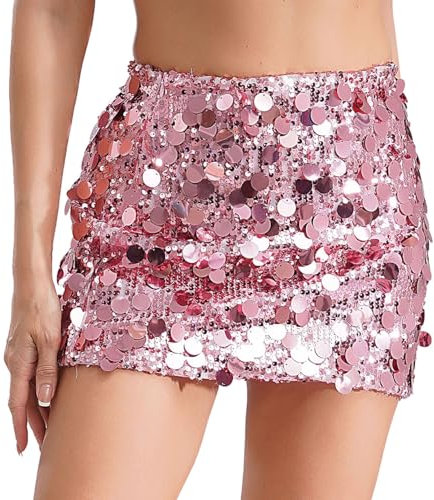 iiniim Minijupe De Soirée Cocktail Danse Femme Sexy Jupe Courte Paillettes Brillant Jupe De Hanche Sequin Clubwear S-L Rose L
