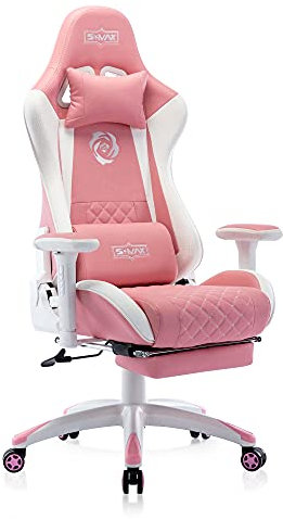 S*MAX Gaming Stuhl Pink mit Fußstütze Verdickter Sitz Gaming Stuhl rosa mit 3D Armlehne Lendenwirbelstütze aus PU Leder Racing Style Videospielstühle mit hoher Rückenlehne für Erwachsene Rosa