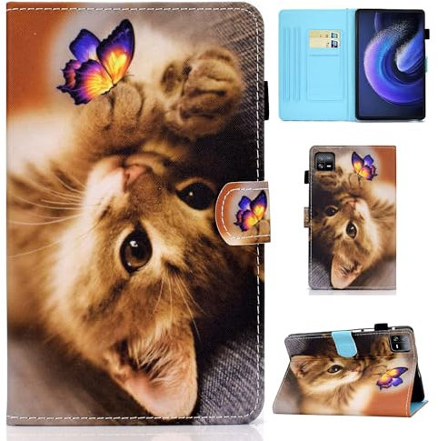 Auslbin Coque en cuir PU pour Xiaomi Pad 6 11 2023 - Slim, léger, support avec fonction veille/réveil automatique, design Feline Designs, papillon et chat