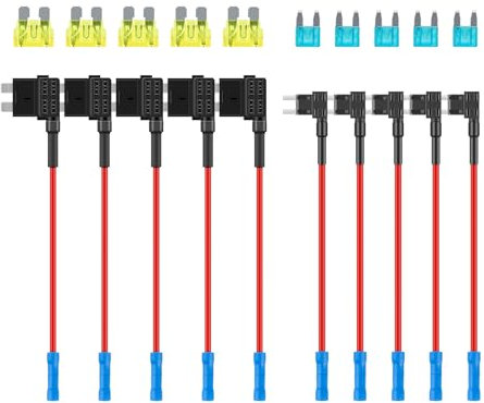 SWAWIS 10 Pezzi Portafusibili a Lama Kit, 20A/15A Fusibili Auto, Add-a-Circuit Fusibili Tap Standard/Mini, Rubacorrente di Auto per Auto Camion Barca