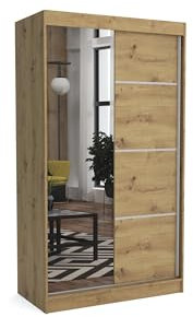 Brent - Kleiderschrank mit Spiegel Tom, 180cm Breit, Schlafzimmerschrank mit 1 Kleiderstange und Einlegeböden für Kleidung, Kleiderschrank Artisan Eiche