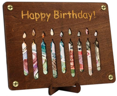 Vicloon Geldgeschenke Geburtstag, Geldgeschenk aus Holz inkl Ständer Kreatives Geschenke Geburtstaggeschenk Grußkarten aus Holz Geldkarte Geburtstag Geburtstagskarte Geburtstag Deko (Kerze)