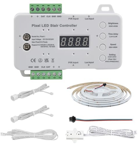 LED Treppenlicht Controller, DC12-24V PIR Bewegungsmelder Treppenlicht Controller mit Tageslichtsensor Geschwindigkeit Helligkei Zeit Pixel Einstellbar (C)