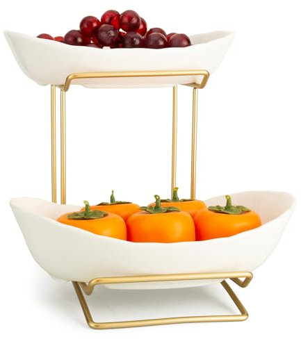 XUDREZ Obst Etagere mit 2 Etagen Obstschalen aus Keramik, Platzsparendes Obstkorb Etagere für die Familie - Moderne Obstschale, Geeignet für Gemüse, Obst, Snacks, Süßigkeiten (White 2)