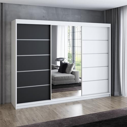 A&J MöbelLand Schwebetürenschrank VILANO 1, 3-türig Schrank 200 cm Kleiderschrank mit 4 Schubladen, und Spiegel (Weiß, Schwarz, Somona) (Weiß/schwarz/weiß)