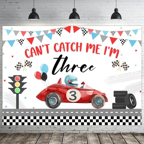 Jollyboom Can't Catch Me I'm Three Hintergrund Banner Rennwagen Thema 3. Geburtstag Party Dekorationen Foto Hintergrund für Jungen Fast Race Car 3 Geburtstag Dekorationen