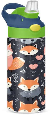 JUMBEAR Bouteille d'eau isotherme en acier inoxydable avec couvercle à paille - Motif petit renard mignon - 350 ml