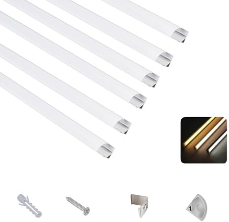 T&K LED Aluminium Profil 6 x 1M V-Form Silber mit Abdeckung Opal, Endkappen und Montageklammer, Eckprofil Eloxiert für LED-Streifen und LED-Bänder