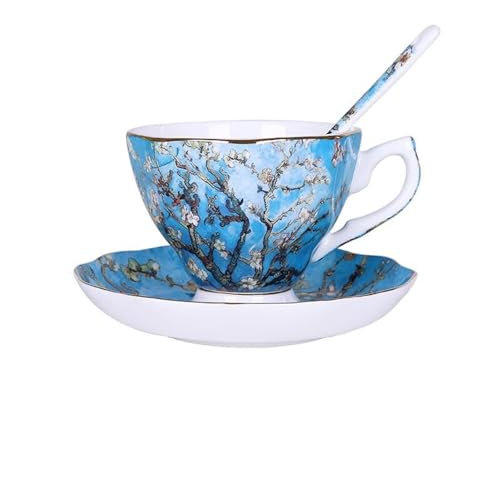 Ceramic Coffee Tea Cup and Saucer Set Van Gogh Almond Blossom Pottery Coffee Mug and Saucer Set, Milk Juice Mug Plate coffee cup