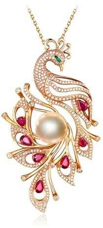 Gold Kette Frauen Echt 18K, Ketten für Frauen Gelbes Gold Rubin Diamant Phoenix Form mit Perle Rot Jahrestag Geschenk für Sie