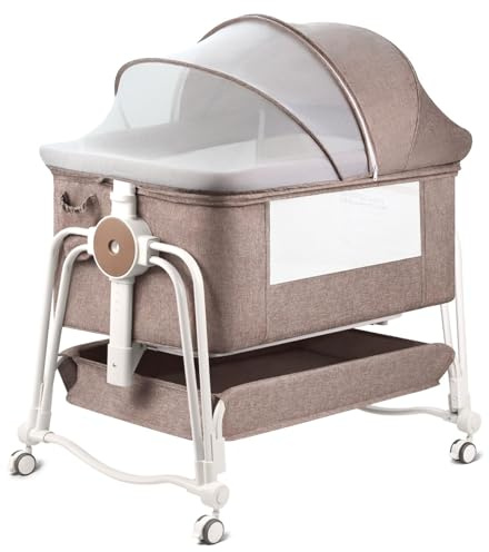 suihuooo 4 In 1 Beistellbett Baby, Babybett 7 Fach höhenverstellbar mit Aufbewahrungskorb & Tragetasche (Light Brown)