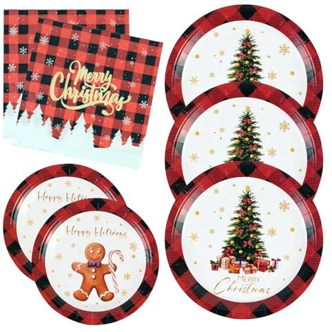 60PCS Christmas Plates and Napkins Holiday Paper Plates Christmas Party Disposable Dinnerware Set Includes 20 Dinner Xmas Tree Plate 20 Dessert Gingerbread Plate 20 Napkins Serve 20