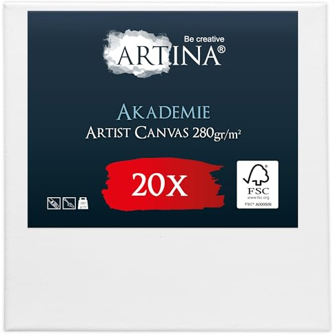 Artina Keilrahmen 10x10cm FSC® 20er Set Leinwand zum Bemalen Acrylfarben | Canvas 20er Set Leinwände Baumwolle grundiert Künstlerbedarf Acryl Ölfarbe Aquarell Malen bespannt Malleinwand Weiß Akademie