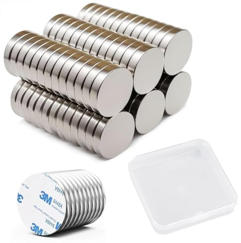 50 Pcs 10×1mm Magnets for Crafts with 50pcs Adhesive Backing with Plastic Square Storage Box, Self Adhesive Magnets, Whiteboard Magnet, Small Magnet for Fridge, Crafts, Kitchen, Cabinet, DIY, Photo