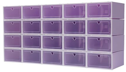 20 pcs Stackable Shoe Boxes Flip-Top Shoe Storage Box 33 * 23 * 14 cm Clear Shoe Boxes Shoe Storage Organiser Suitable for Storing Shoes Magazines Books Toys Small Parts and etc (Purple)