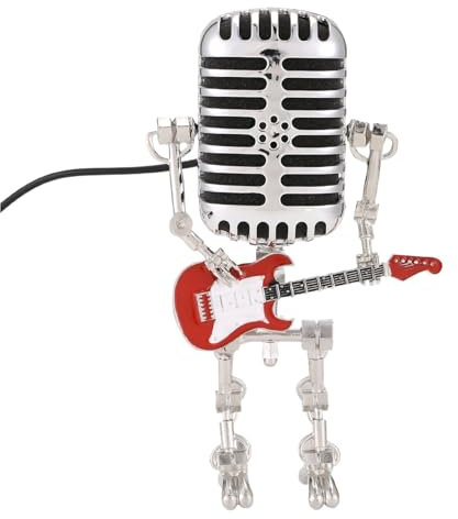 Okeeyseda Mic Robot,Retro Style Microphone Robot Table Lamp,Holding Guitare Night Light,Vintage Microphone Robot Desk Lamp Red